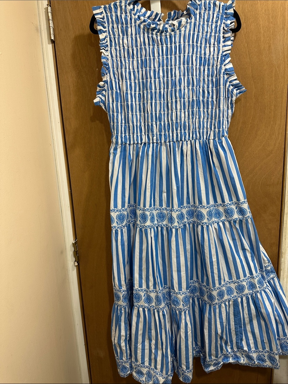 Crown & Ivy 💯 cotton Blue and White Striped Smocked Maxi Dress Romantic Cottage